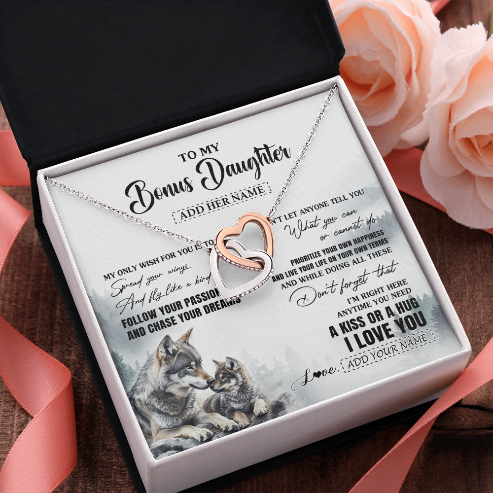 Interlocking Hearts Necklace Stainless Steel & Rose Gold Finish | 2 | Personalized To My Bonus Daughter Gifts Necklace From Stepmom Wolf My Only Wish For You Stepdaughter Birthday Gifts Graduation Christmas Gift Box Message Card | https://teecentury.