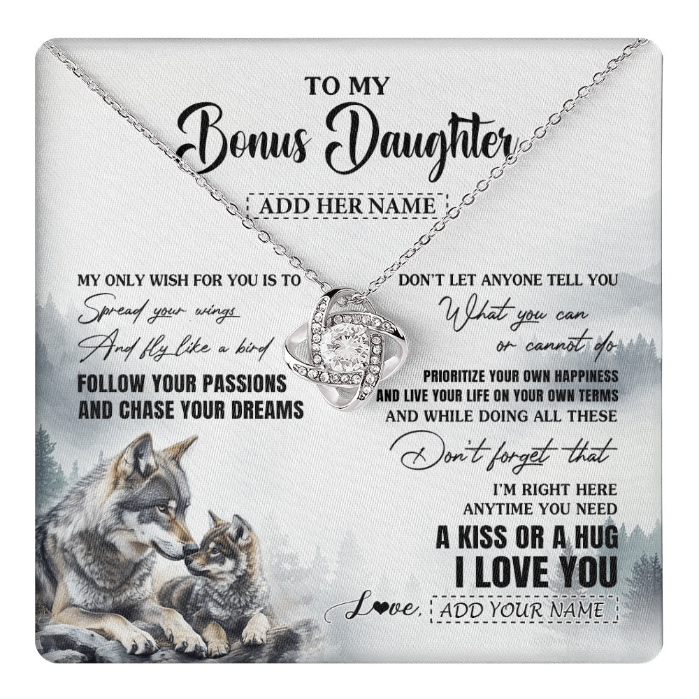 Love Knot Necklace 14K White Gold Finish | 1 | Personalized To My Bonus Daughter Gifts Necklace From Stepmom Wolf My Only Wish For You Stepdaughter Birthday Gifts Graduation Christmas Gift Box Message Card | https://teecentury.
