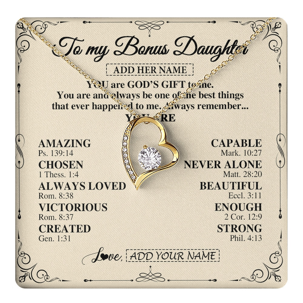 Forever Love Necklace 18K Yellow Gold Finish | 1 | Personalized To My Bonus Daughter Gifts Necklace From Stepmom You Are God's Gift To Me Stepdaughter Birthday Gifts Christmas Christian Gift Box Message Card | https://teecentury.