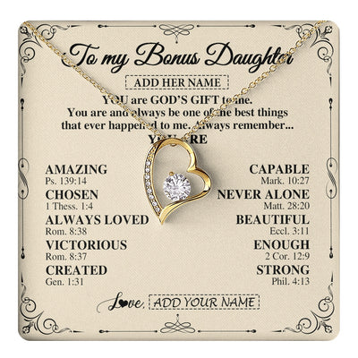 Forever Love Necklace 18K Yellow Gold Finish | 1 | Personalized To My Bonus Daughter Gifts Necklace From Stepmom You Are God's Gift To Me Stepdaughter Birthday Gifts Christmas Christian Gift Box Message Card | https://teecentury.