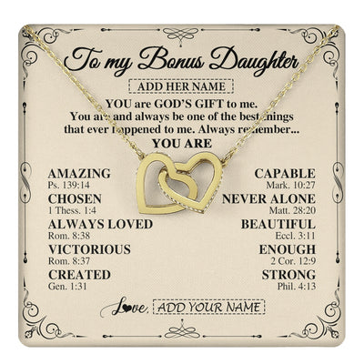 Interlocking Hearts Necklace 18K Yellow Gold Finish | 1 | Personalized To My Bonus Daughter Gifts Necklace From Stepmom You Are God's Gift To Me Stepdaughter Birthday Gifts Christmas Christian Gift Box Message Card | https://teecentury.