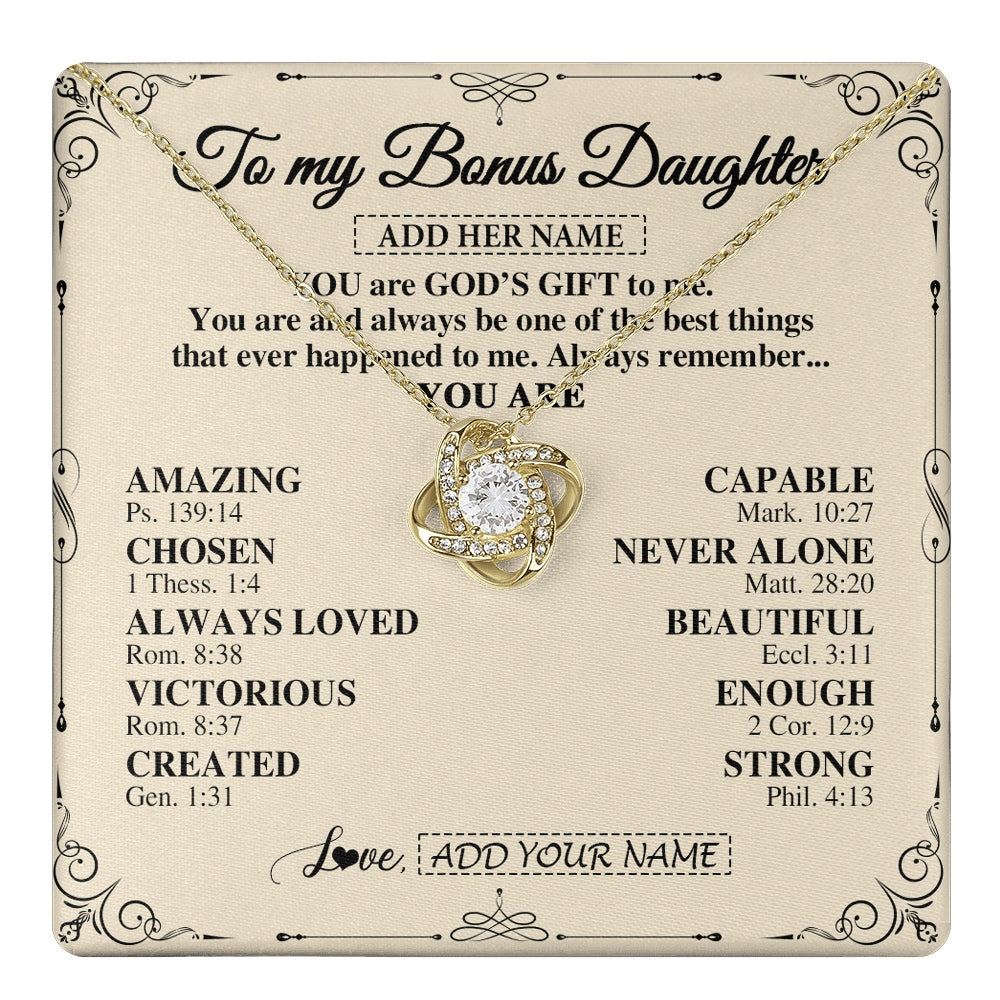 Love Knot Necklace 18K Yellow Gold Finish | 1 | Personalized To My Bonus Daughter Gifts Necklace From Stepmom You Are God's Gift To Me Stepdaughter Birthday Gifts Christmas Christian Gift Box Message Card | https://teecentury.