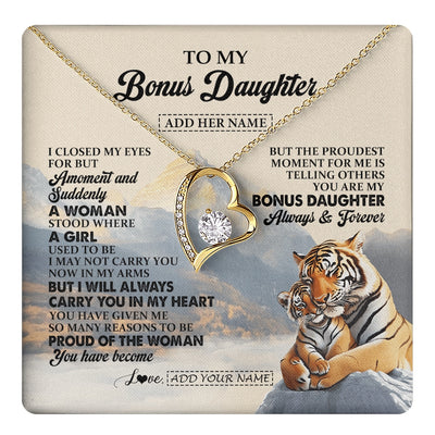 Forever Love Necklace 18K Yellow Gold Finish | 1 | Personalized To My Bonus Daughter Gifts Necklace Tiger From Stepmother Stepfather You Are My Stepdaughter Birthday Gifts Christmas Custom Gift Box Message Card | https://teecentury.