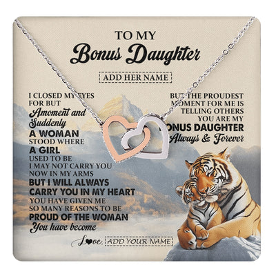 Interlocking Hearts Necklace Stainless Steel & Rose Gold Finish | 1 | Personalized To My Bonus Daughter Gifts Necklace Tiger From Stepmother Stepfather You Are My Stepdaughter Birthday Gifts Christmas Custom Gift Box Message Card | https://teecentury.