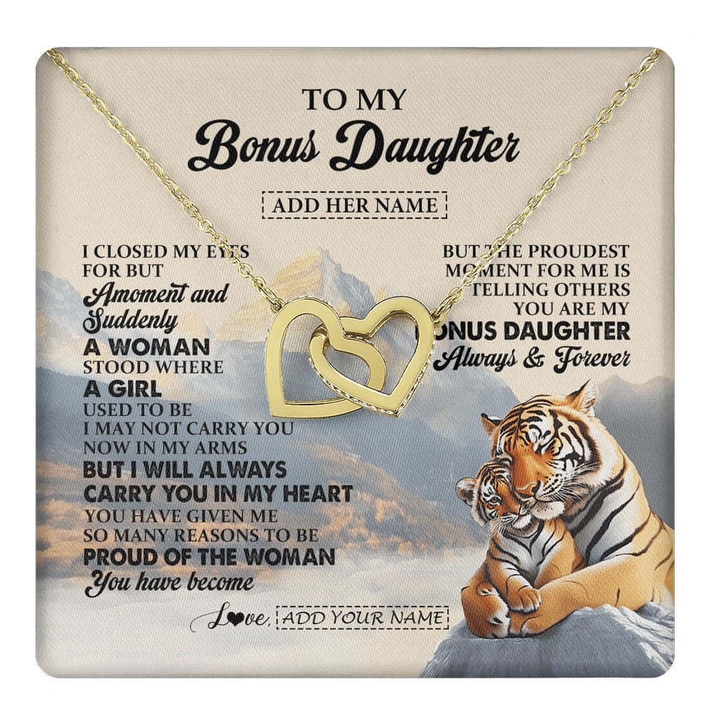 Interlocking Hearts Necklace 18K Yellow Gold Finish | 1 | Personalized To My Bonus Daughter Gifts Necklace Tiger From Stepmother Stepfather You Are My Stepdaughter Birthday Gifts Christmas Custom Gift Box Message Card | https://teecentury.