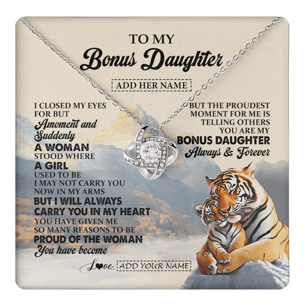 Love Knot Necklace 14K White Gold Finish | 1 | Personalized To My Bonus Daughter Gifts Necklace Tiger From Stepmother Stepfather You Are My Stepdaughter Birthday Gifts Christmas Custom Gift Box Message Card | https://teecentury.