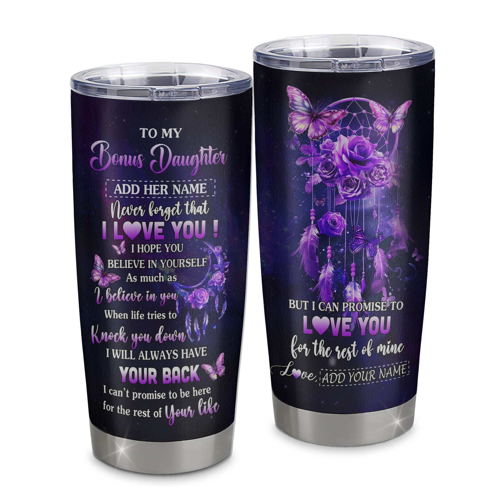 Personalized To My Bonus Daughter Gifts Tumbler From Step Mom Floral Butterfly Love You Stepdaughter Birthday Gifts Graduation Christmas Custom Stainless Steel Mug | teecentury