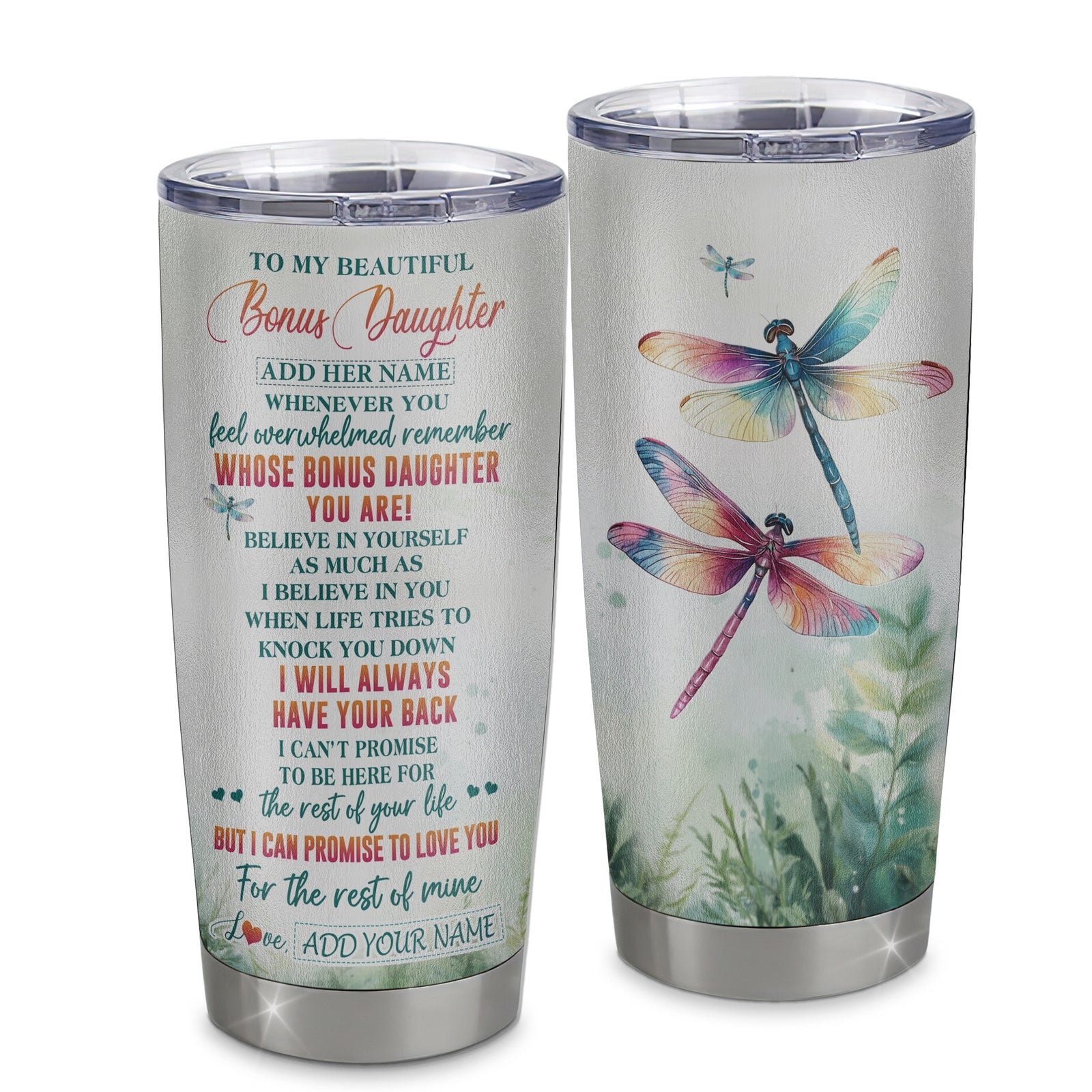 Personalized To My Bonus Daughter Gifts Tumbler From Stepmom Stepdad Whenever You Feel Dragonfly Stepdaughter Birthday Gifts Christmas Custom Stainless Steel Travel Mug | teecentury