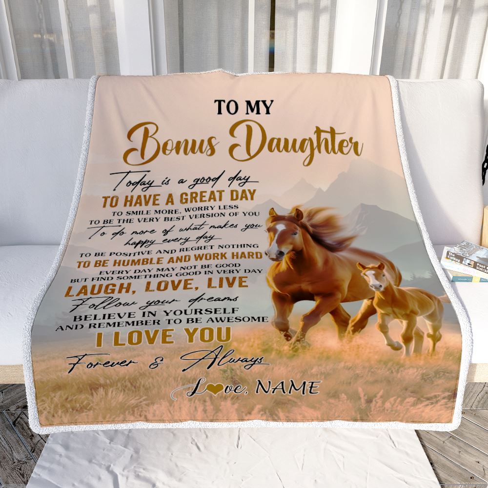 Personalized To My Bonus Daughter Horse Blanket From Stepmom Stepdad Every Day Laugh Love Live Stepdaughter Birthday Gifts Christmas Customized Fleece Blanket | teecentury