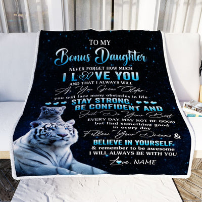 Personalized To My Bonus Daughter I Love You Forever Blanket From Step Mom Dad White Tiger Stepdaughter Birthday Gifts Graduation Christmas Fleece Blanket | teecentury
