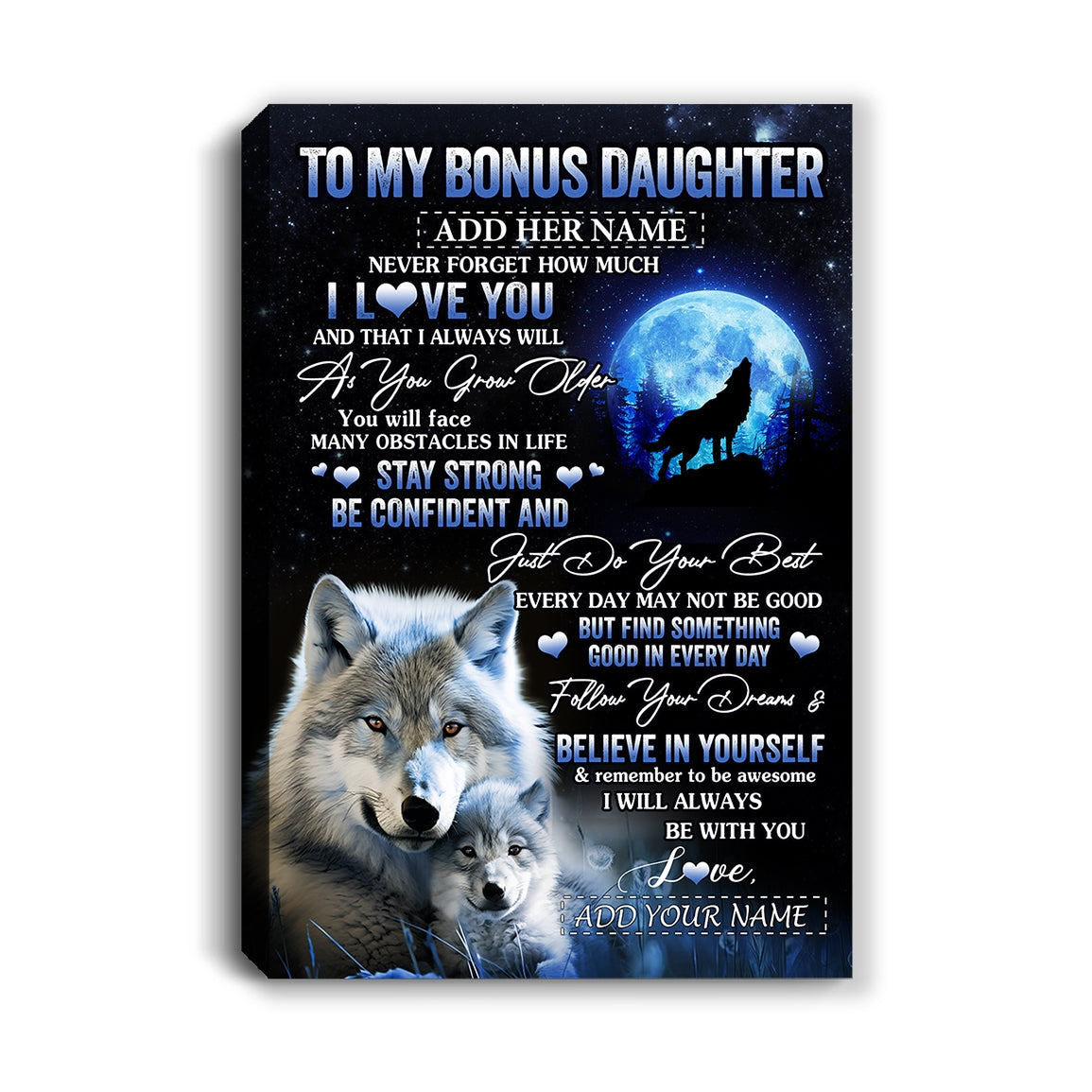 Personalized To My Bonus Daughter I Love You Forever Canvas From Step Mom Dad Wolf Stepdaughter Birthday Gifts Graduation Christmas Custom Wall Art Print Framed Canvas | teecentury