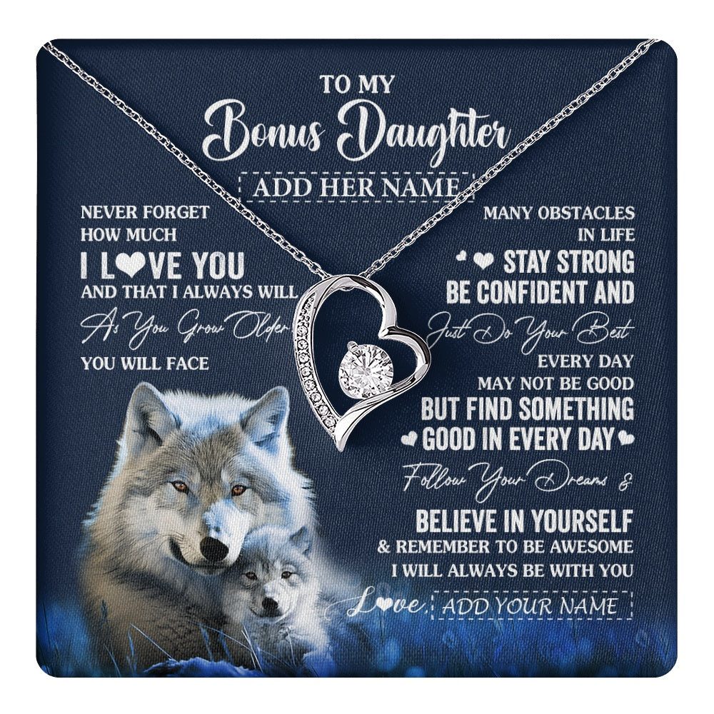 Forever Love Necklace 14K White Gold Finish | 1 | Personalized To My Bonus Daughter I Love You Forever Necklace From Step Mom Dad Wolf Stepdaughter Birthday Gifts Graduation Christmas Gift Box Message Card | teecentury.myshopify