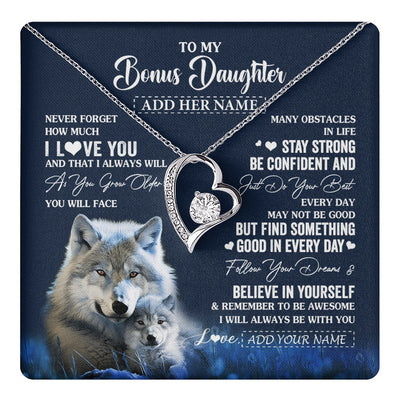 Forever Love Necklace 14K White Gold Finish | 1 | Personalized To My Bonus Daughter I Love You Forever Necklace From Step Mom Dad Wolf Stepdaughter Birthday Gifts Graduation Christmas Gift Box Message Card | teecentury.myshopify