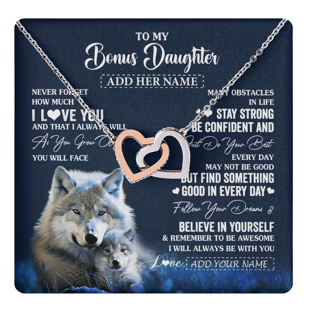 Interlocking Hearts Necklace Stainless Steel & Rose Gold Finish | 1 | Personalized To My Bonus Daughter I Love You Forever Necklace From Step Mom Dad Wolf Stepdaughter Birthday Gifts Graduation Christmas Gift Box Message Card | teecentury.myshopify