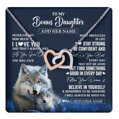 Interlocking Hearts Necklace Stainless Steel & Rose Gold Finish | 1 | Personalized To My Bonus Daughter I Love You Forever Necklace From Step Mom Dad Wolf Stepdaughter Birthday Gifts Graduation Christmas Gift Box Message Card | teecentury.myshopify