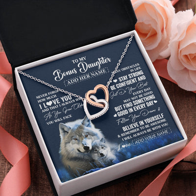 Interlocking Hearts Necklace Stainless Steel & Rose Gold Finish | 2 | Personalized To My Bonus Daughter I Love You Forever Necklace From Step Mom Dad Wolf Stepdaughter Birthday Gifts Graduation Christmas Gift Box Message Card | teecentury.myshopify