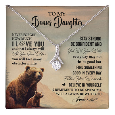 Alluring Beauty Necklace 14K White Gold Finish | 1 | Personalized To My Bonus Daughter I Love You Forever Necklace From Stepdad Mom Bear Stepddaughter Birthday Jewelry Christmas Customized Gift Box Message Card | teecentury