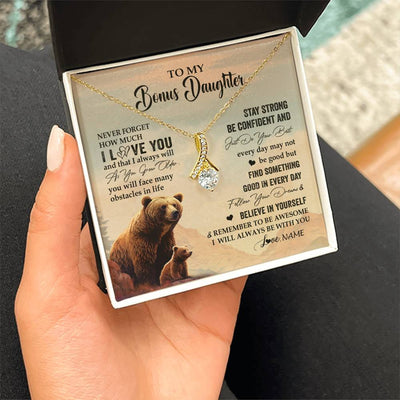 Alluring Beauty Necklace 18K Yellow Gold Finish | 2 | Personalized To My Bonus Daughter I Love You Forever Necklace From Stepdad Mom Bear Stepddaughter Birthday Jewelry Christmas Customized Gift Box Message Card | teecentury