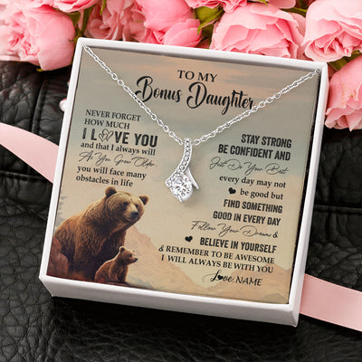 Alluring Beauty Necklace 14K White Gold Finish | 2 | Personalized To My Bonus Daughter I Love You Forever Necklace From Stepdad Mom Bear Stepddaughter Birthday Jewelry Christmas Customized Gift Box Message Card | teecentury