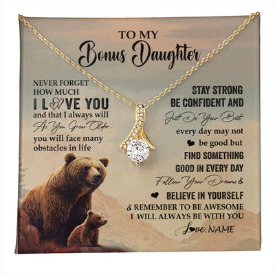Alluring Beauty Necklace 18K Yellow Gold Finish | 1 | Personalized To My Bonus Daughter I Love You Forever Necklace From Stepdad Mom Bear Stepddaughter Birthday Jewelry Christmas Customized Gift Box Message Card | teecentury