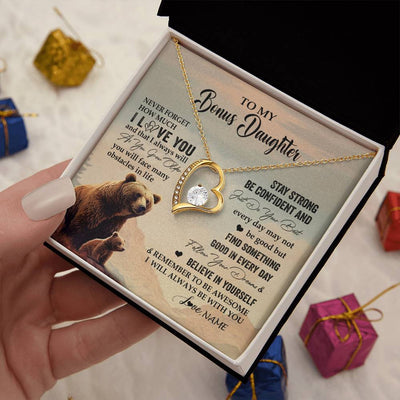 Forever Love Necklace 18K Yellow Gold Finish | 2 | Personalized To My Bonus Daughter I Love You Forever Necklace From Stepdad Mom Bear Stepddaughter Birthday Jewelry Christmas Customized Gift Box Message Card | teecentury