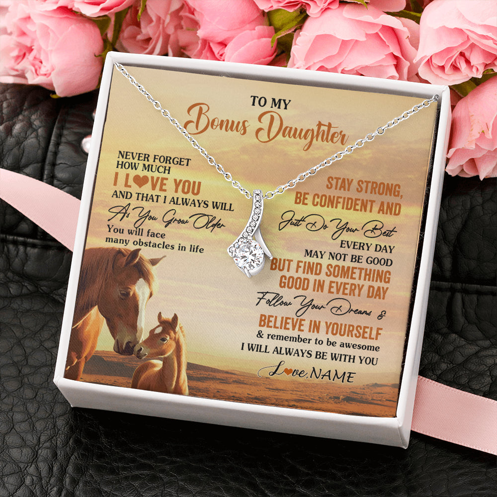 Alluring Beauty Necklace 14K White Gold Finish | 2 | Personalized To My Bonus Daughter I Love You Forever Necklace From Stepmom Dad Horse Stepdaughter Birthday Jewelry Christmas Customized Gift Box Message Card | teecentury
