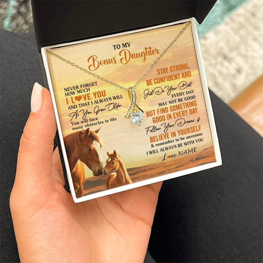 Alluring Beauty Necklace 18K Yellow Gold Finish | 2 | Personalized To My Bonus Daughter I Love You Forever Necklace From Stepmom Dad Horse Stepdaughter Birthday Jewelry Christmas Customized Gift Box Message Card | teecentury