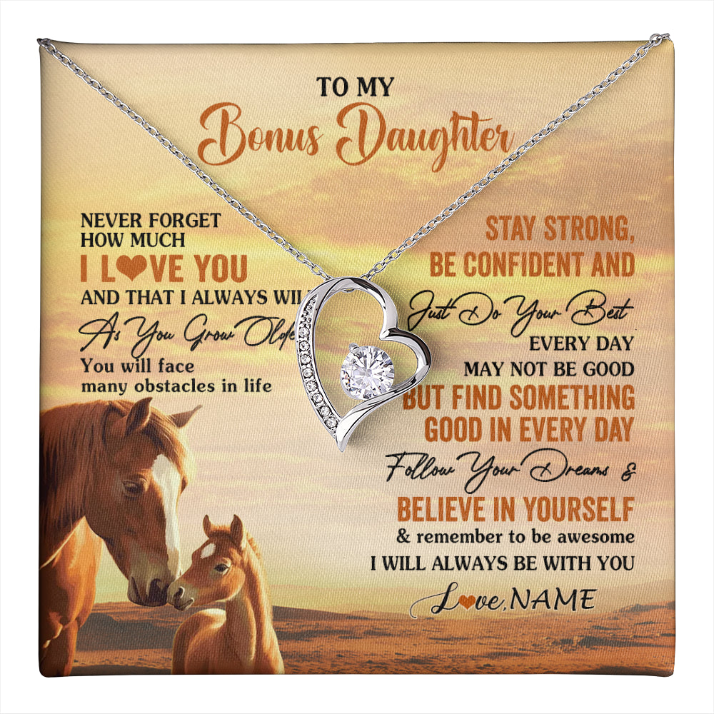 Forever Love Necklace 14K White Gold Finish | 1 | Personalized To My Bonus Daughter I Love You Forever Necklace From Stepmom Dad Horse Stepdaughter Birthday Jewelry Christmas Customized Gift Box Message Card | teecentury
