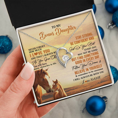 Forever Love Necklace 14K White Gold Finish | 2 | Personalized To My Bonus Daughter I Love You Forever Necklace From Stepmom Dad Horse Stepdaughter Birthday Jewelry Christmas Customized Gift Box Message Card | teecentury