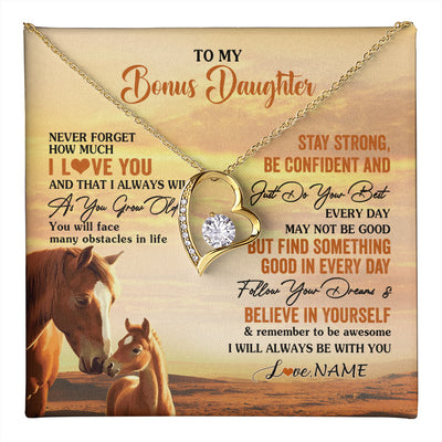 Forever Love Necklace 18K Yellow Gold Finish | 1 | Personalized To My Bonus Daughter I Love You Forever Necklace From Stepmom Dad Horse Stepdaughter Birthday Jewelry Christmas Customized Gift Box Message Card | teecentury