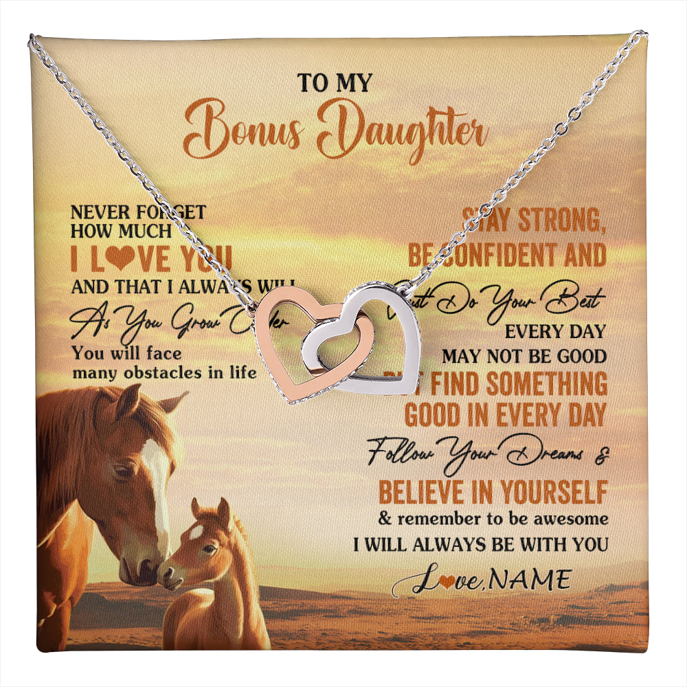 Interlocking Hearts Necklace Stainless Steel & Rose Gold Finish | 1 | Personalized To My Bonus Daughter I Love You Forever Necklace From Stepmom Dad Horse Stepdaughter Birthday Jewelry Christmas Customized Gift Box Message Card | teecentury