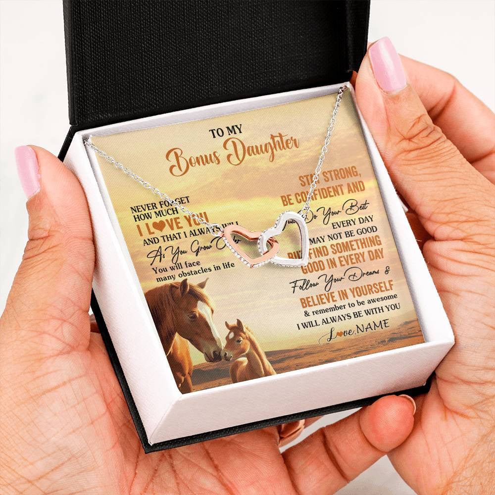 Interlocking Hearts Necklace Stainless Steel & Rose Gold Finish | 2 | Personalized To My Bonus Daughter I Love You Forever Necklace From Stepmom Dad Horse Stepdaughter Birthday Jewelry Christmas Customized Gift Box Message Card | teecentury