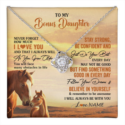 Love Knot Necklace 14K White Gold Finish | 1 | Personalized To My Bonus Daughter I Love You Forever Necklace From Stepmom Dad Horse Stepdaughter Birthday Jewelry Christmas Customized Gift Box Message Card | teecentury
