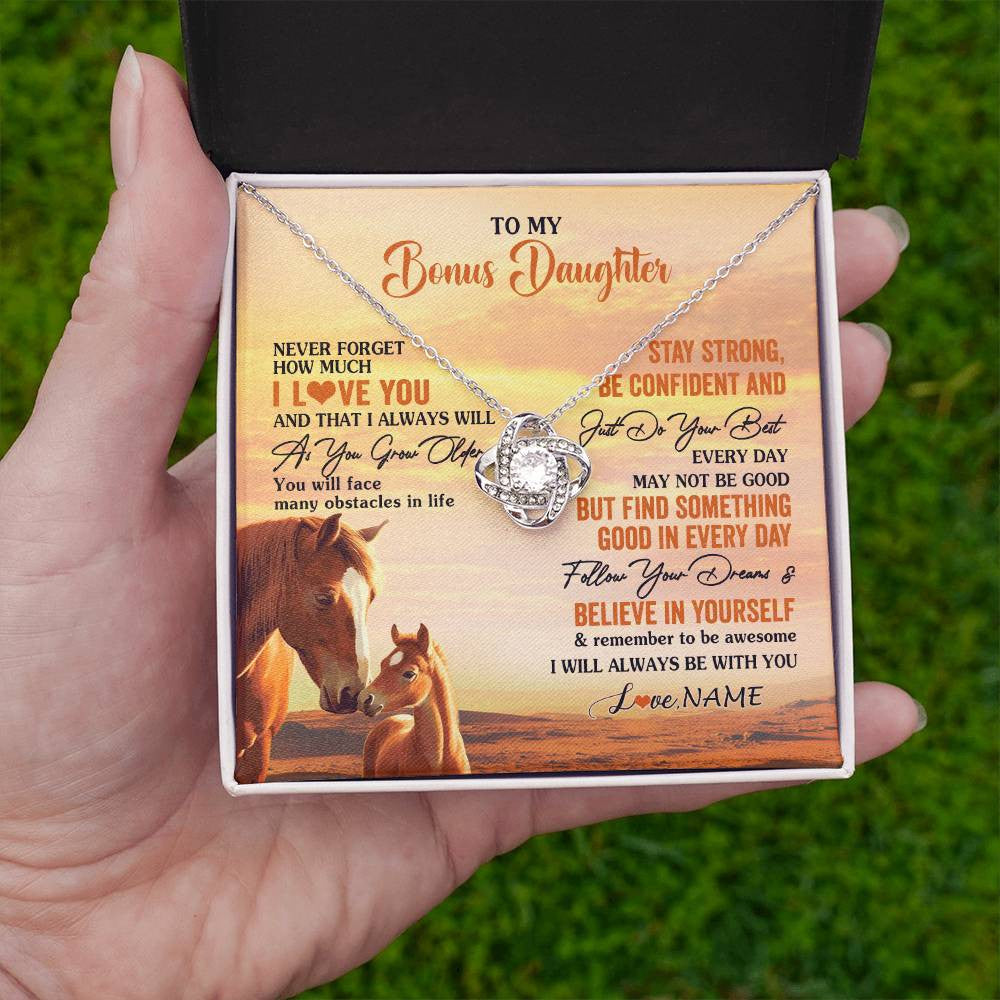 Love Knot Necklace 14K White Gold Finish | 2 | Personalized To My Bonus Daughter I Love You Forever Necklace From Stepmom Dad Horse Stepdaughter Birthday Jewelry Christmas Customized Gift Box Message Card | teecentury