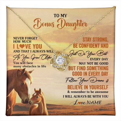 Love Knot Necklace 18K Yellow Gold Finish | 1 | Personalized To My Bonus Daughter I Love You Forever Necklace From Stepmom Dad Horse Stepdaughter Birthday Jewelry Christmas Customized Gift Box Message Card | teecentury