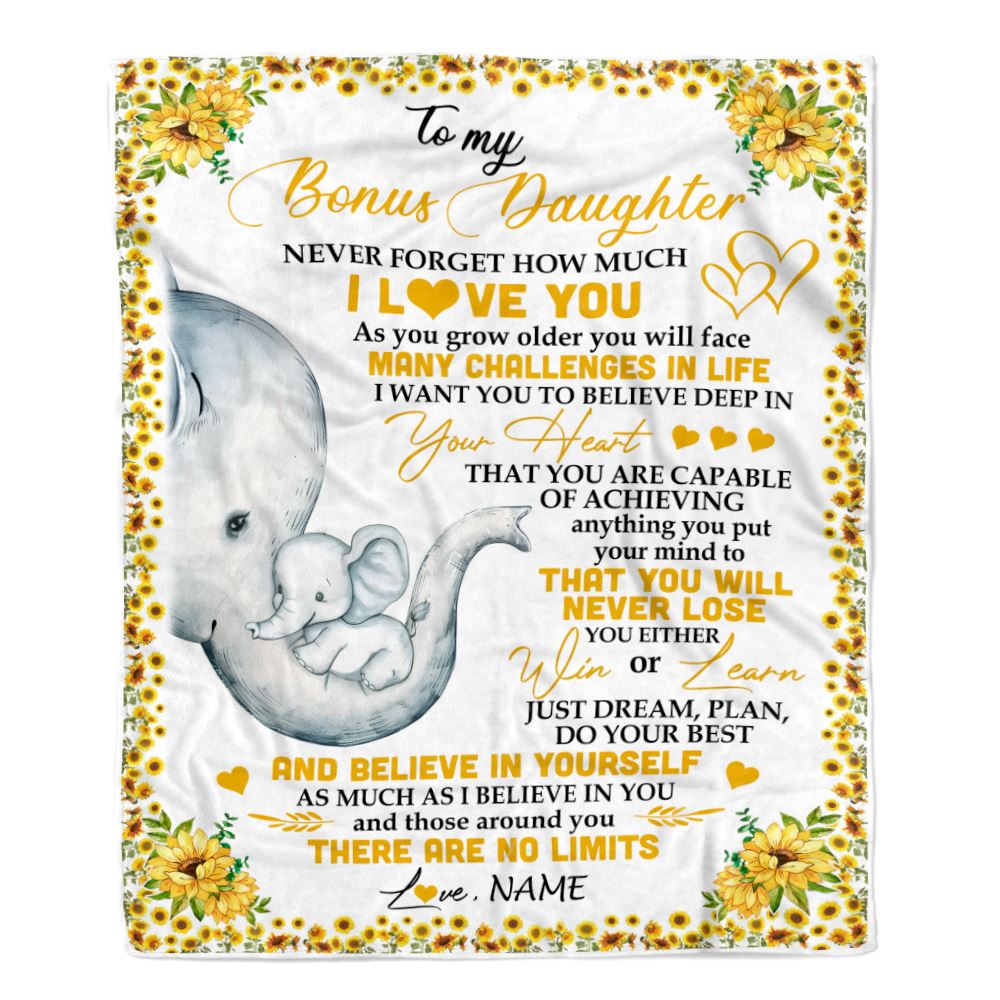 Personalized To My Bonus Daughter I Love You From Stepmom Sunflower Elephant Stepdaughter Birthday Christmas Thanksgiving Graduation Customized Fleece Blanket | teecentury