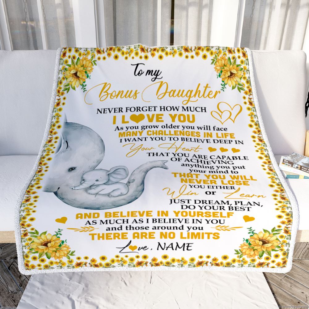 Personalized To My Bonus Daughter I Love You From Stepmom Sunflower Elephant Stepdaughter Birthday Christmas Thanksgiving Graduation Customized Fleece Blanket | teecentury