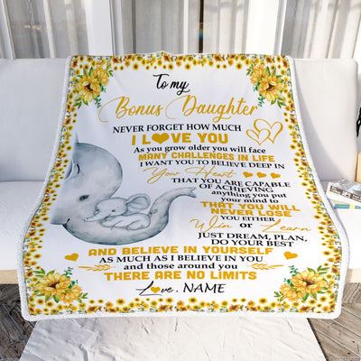 Personalized To My Bonus Daughter I Love You From Stepmom Sunflower Elephant Stepdaughter Birthday Christmas Thanksgiving Graduation Customized Fleece Blanket | teecentury