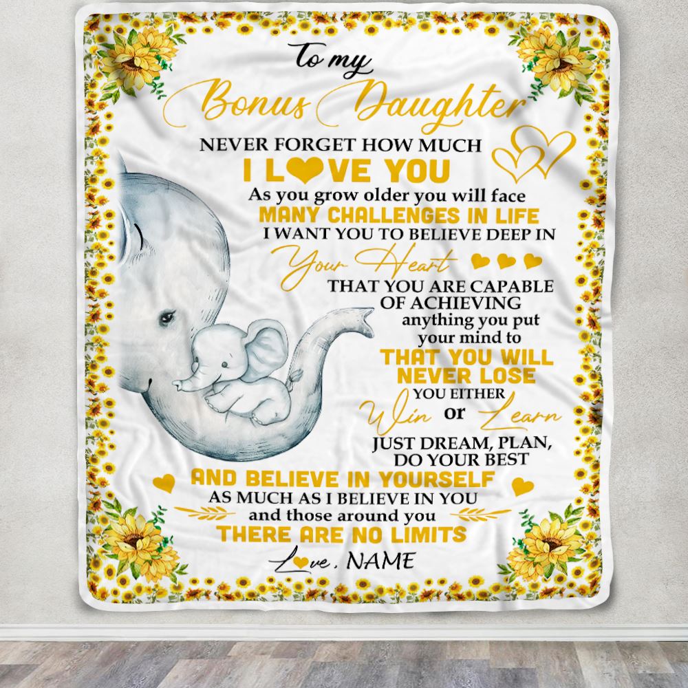 Personalized To My Bonus Daughter I Love You From Stepmom Sunflower Elephant Stepdaughter Birthday Christmas Thanksgiving Graduation Customized Fleece Blanket | teecentury