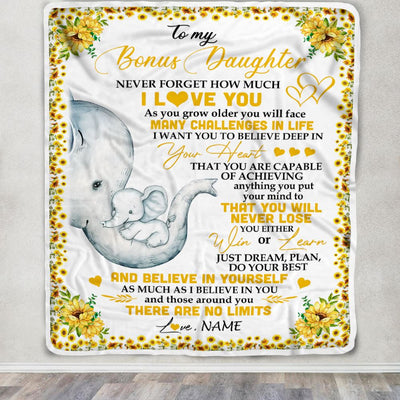 Personalized To My Bonus Daughter I Love You From Stepmom Sunflower Elephant Stepdaughter Birthday Christmas Thanksgiving Graduation Customized Fleece Blanket | teecentury