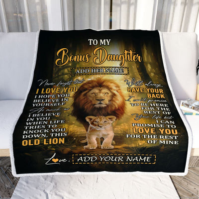 Personalized To My Bonus Daughter Lion Blanket From Stepdad Never Forget That I Love You Stepdaughter Birthday Gifts Christmas Customized Fleece Throw Blanket | teecentury