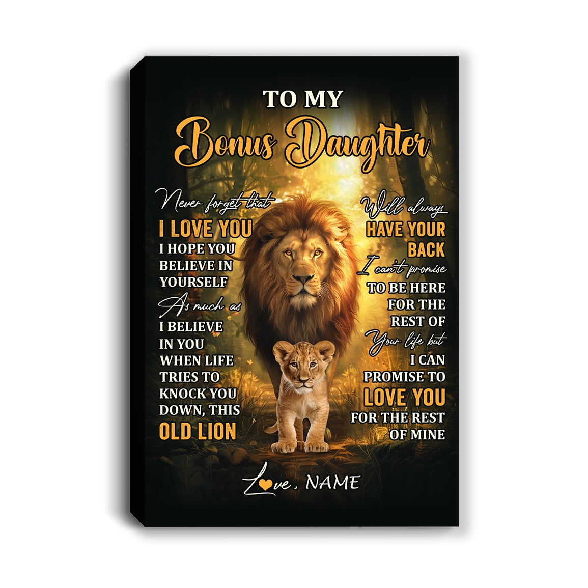 Personalized To My Bonus Daughter Lion Canvas From Stepdad Never Forget That I Love You Stepdaughter Birthday Graduation Christmas Custom Wall Art Print Framed Canvas | teecentury