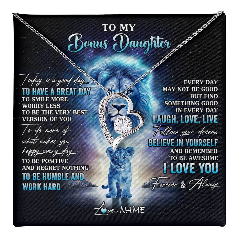 Forever Love Necklace 14K White Gold Finish | 1 | Personalized To My Bonus Daughter Lion Necklace From Stepdad Every Day Laugh Love Live Stepdaughter Birthday Christmas Customized Gift Box Message Card | teecentury