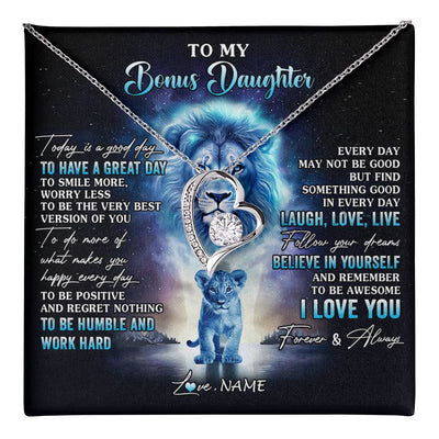 Forever Love Necklace 14K White Gold Finish | 1 | Personalized To My Bonus Daughter Lion Necklace From Stepdad Every Day Laugh Love Live Stepdaughter Birthday Christmas Customized Gift Box Message Card | teecentury