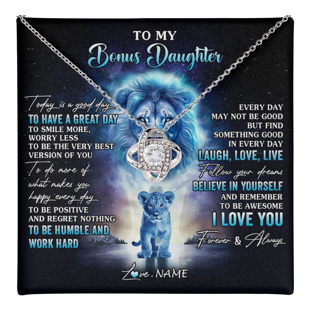 Love Knot Necklace 14K White Gold Finish | 1 | Personalized To My Bonus Daughter Lion Necklace From Stepdad Every Day Laugh Love Live Stepdaughter Birthday Christmas Customized Gift Box Message Card | teecentury