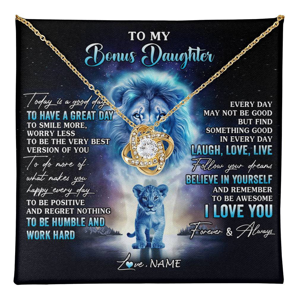 Love Knot Necklace 18K Yellow Gold Finish | 1 | Personalized To My Bonus Daughter Lion Necklace From Stepdad Every Day Laugh Love Live Stepdaughter Birthday Christmas Customized Gift Box Message Card | teecentury