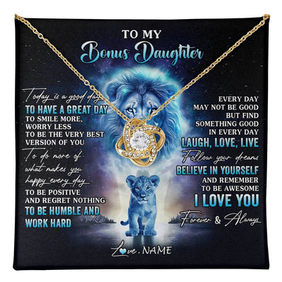 Love Knot Necklace 18K Yellow Gold Finish | 1 | Personalized To My Bonus Daughter Lion Necklace From Stepdad Every Day Laugh Love Live Stepdaughter Birthday Christmas Customized Gift Box Message Card | teecentury