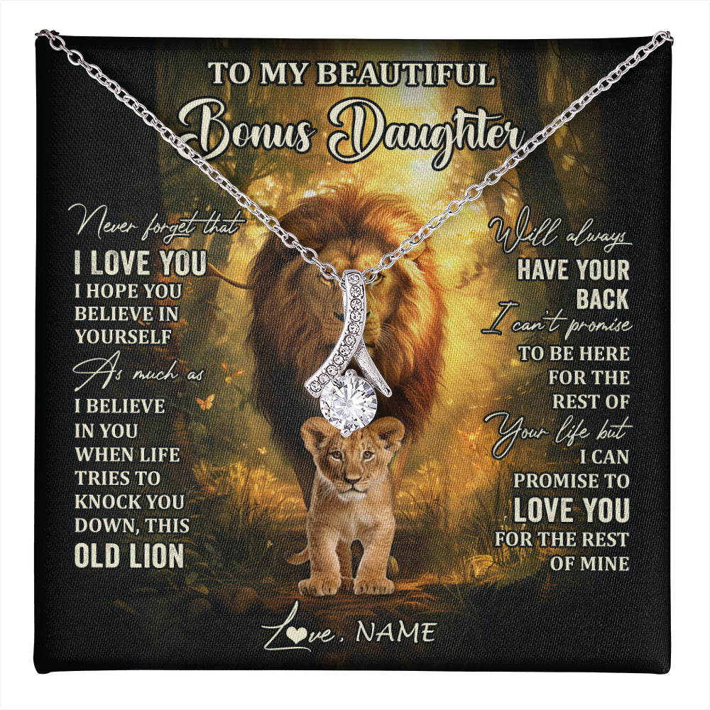 Alluring Beauty Necklace 14K White Gold Finish | 1 | Personalized To My Bonus Daughter Lion Necklace From Stepdad Never Forget That I Love You Stepdaughter Birthday Christmas Customized Gift Box Message Card | teecentury