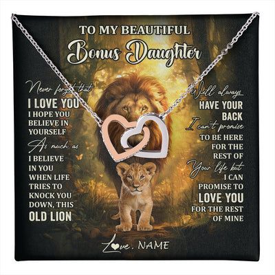 Interlocking Hearts Necklace Stainless Steel & Rose Gold Finish | 1 | Personalized To My Bonus Daughter Lion Necklace From Stepdad Never Forget That I Love You Stepdaughter Birthday Christmas Customized Gift Box Message Card | teecentury