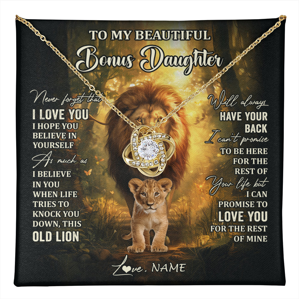 Love Knot Necklace 18K Yellow Gold Finish | 1 | Personalized To My Bonus Daughter Lion Necklace From Stepdad Never Forget That I Love You Stepdaughter Birthday Christmas Customized Gift Box Message Card | teecentury